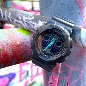 Used G-Shock GA100C-8A Men's Analog Digital X Large Dark Grey/ Neon Blue Watch